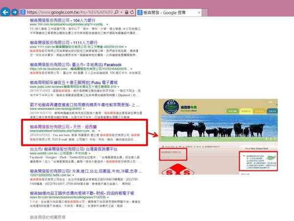 從網站上GOOGLE搜尋「樹森開發」四個字，在第一頁會看到「樹森公司股份有限公司-天然、紐西蘭」的字樣連結，點選連結則會跳出紐西蘭肉品局的官方網站，簡介樹森開發的資訊。不明究理的民眾，會誤以為有多次進口含瘦肉精牛肉紀錄的樹森開發與紐西蘭肉品局有關。