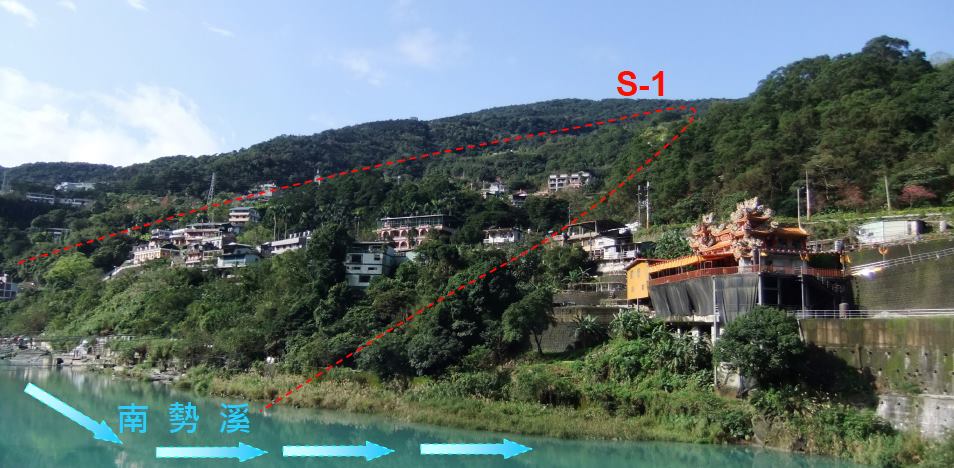 地調所初步用航照圖判斷，烏來攬勝大橋到觀光大橋中間，也就是南勢溪左岸、溫泉區的西側坡地，大約有30公頃是潛在滑動範圍，裡面包括烏來運動場和大約200戶居民。（圖/中央地調所提供）