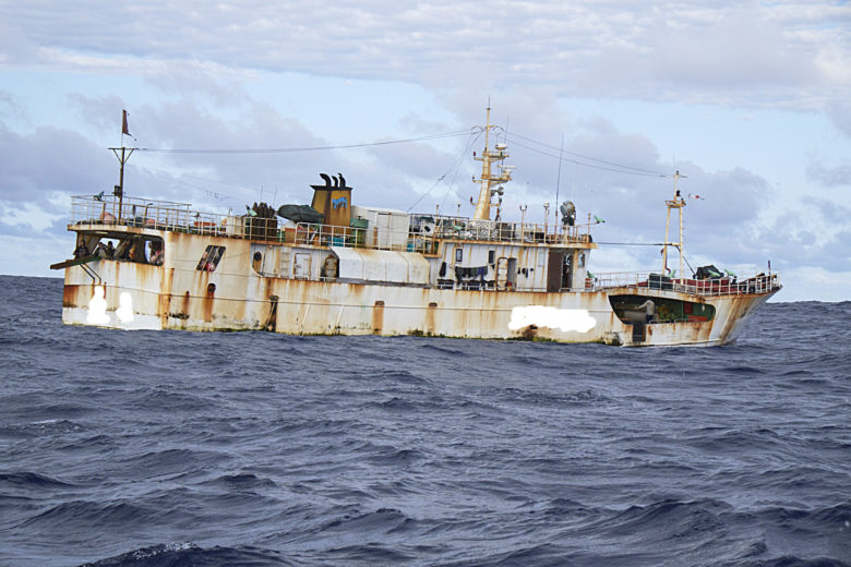 Longline fishing vessel Hai Xing 718 in the South Pacific tuna fishery. The Rainbow Warrior travels into the Pacific to expose out of control tuna fisheries. Tuna fishing has been linked to shark finning, overfishing and human rights abuses.