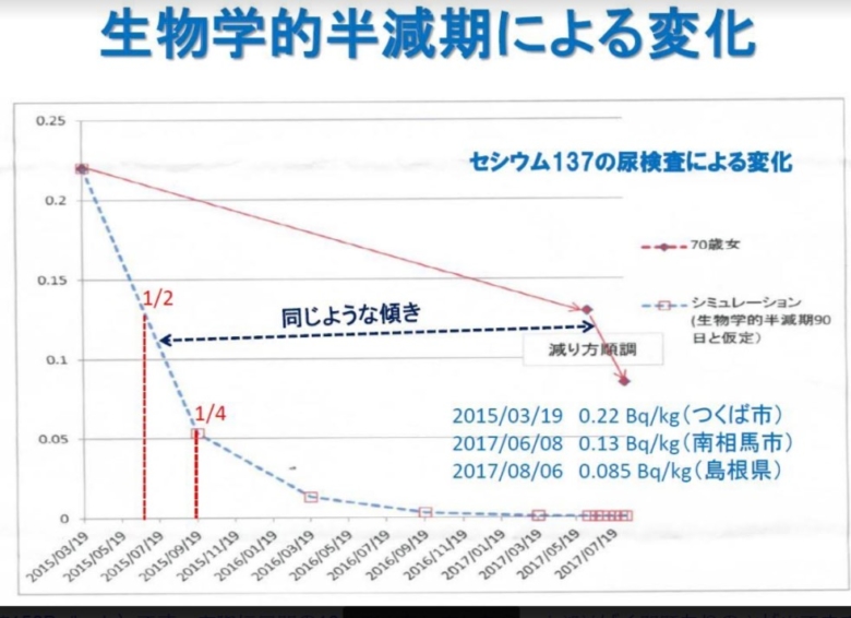 ＊銫137的尿檢查變化。藍色虛線是理論上銫137在體內代謝的走勢，但一位70歲的女性，在茨城縣筑波市與福島縣南相馬市時，下降的速度比理論慢得多，呈現緩坡狀，但到了日本西側偏南的島根縣，就開始驟降了。