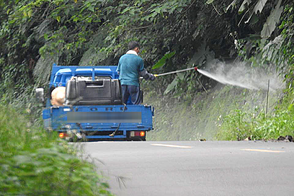 民众直击乡公所雇人在横山乡大山背地区道路大肆喷洒除草剂（许天麟提供）