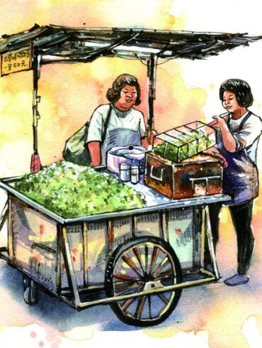 烤碗豆攤。(繪圖/鄭開翔，遠流出版提供)