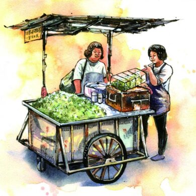 烤碗豆攤。(繪圖/鄭開翔，遠流出版提供)