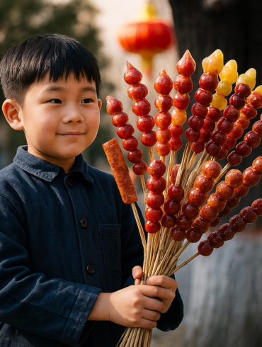 讀小四、小五的暑假，我總會沿街兜售李子糖葫蘆。（圖／ChartGPT生成）