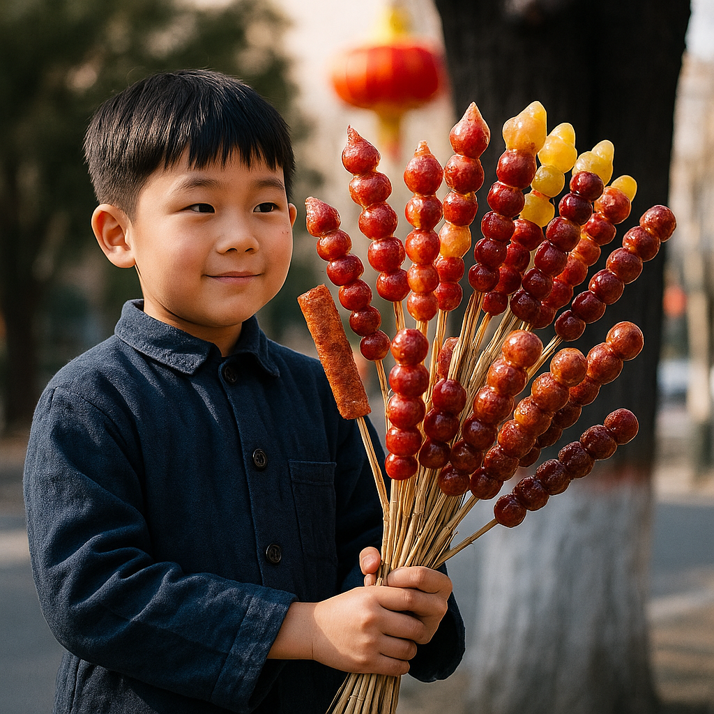 讀小四、小五的暑假，我總會沿街兜售李子糖葫蘆。（圖／ChartGPT生成）