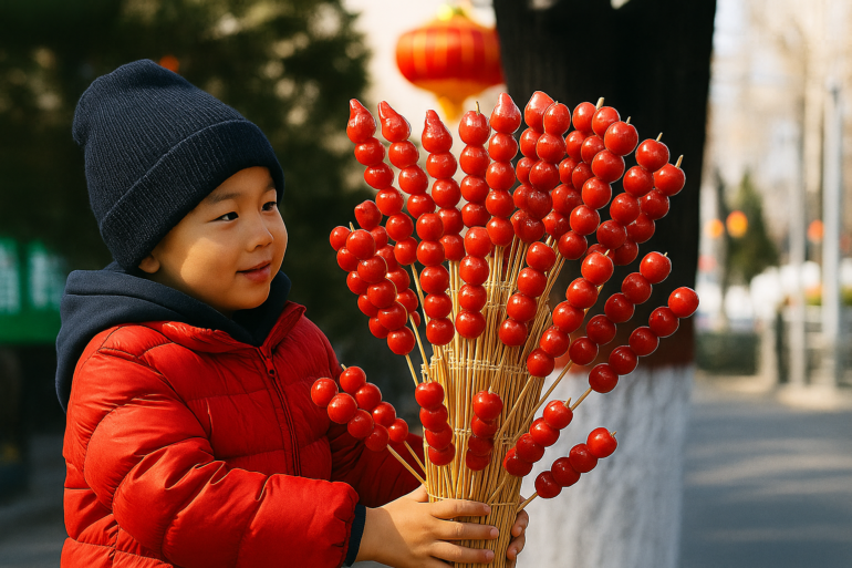 讀小四、小五的暑假，我總會沿街兜售李子糖葫蘆。（圖／ChartGPT生成）